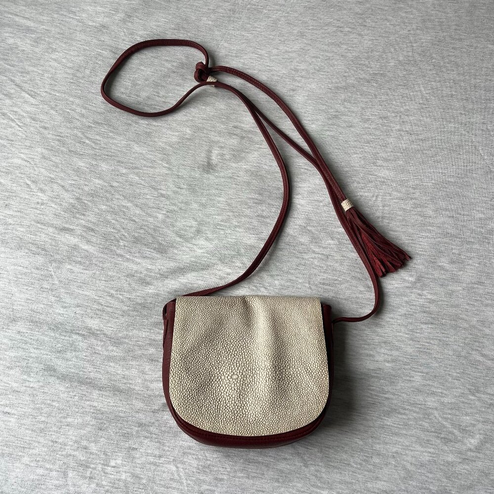 Burgundy & Cream Textured Flap Mini Crossbody Bag Tassel